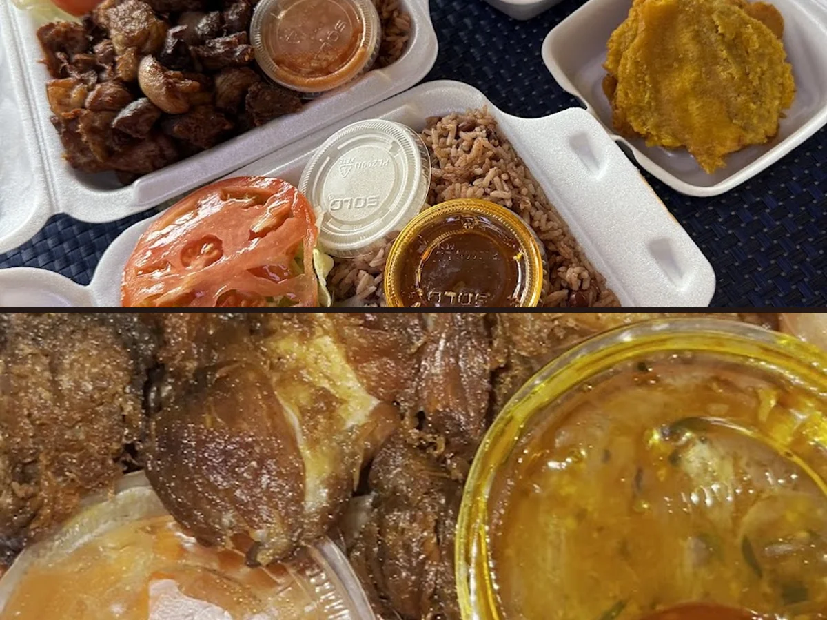 Haitian dishes plated in a restaurant dining room