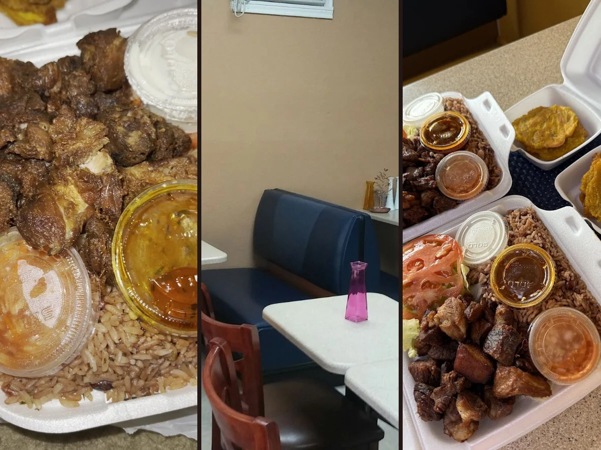 Haitian dishes plated in a restaurant dining room